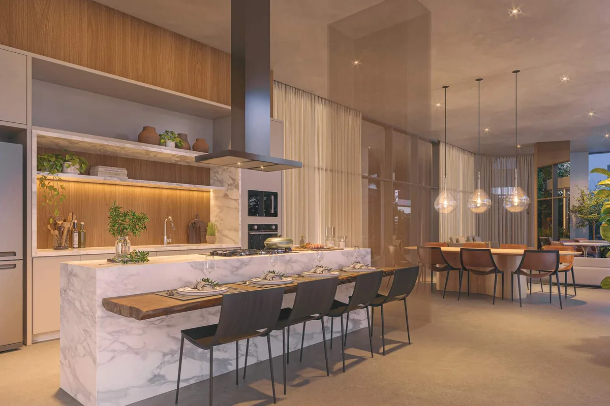 Espaço gourmet do Acervo Residences, integrado ao salão de festas