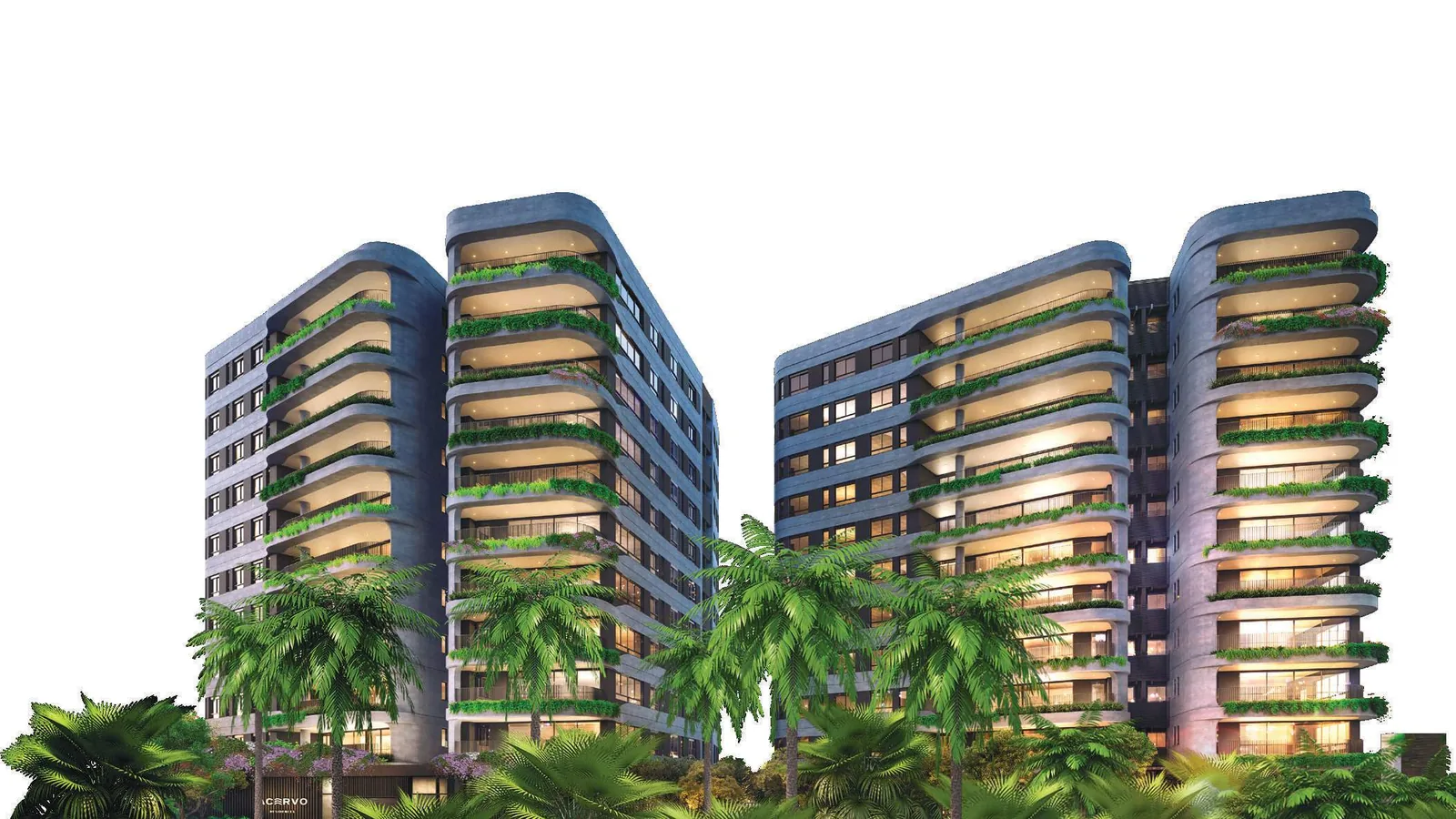 Fachada do Acervo Residences, da Construtora Dubai, com as torres Wind e Duna voltadas para a mata em Alphaville Conde I, Barueri