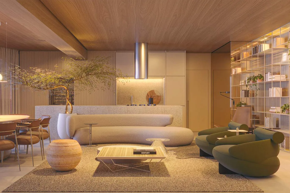 Living do apartamento decorado de 188 m² do Acervo Residences, com cozinha aberta