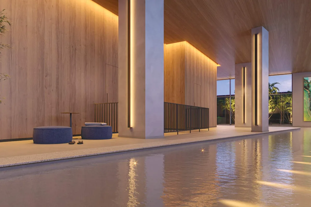 Piscina coberta aquecida com raia de 25 metros do Acervo Residences