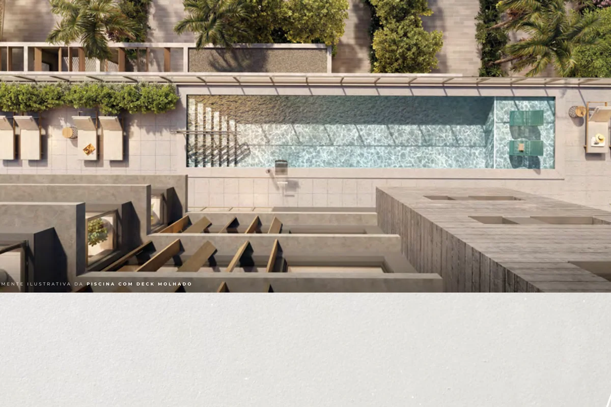 Piscina descoberta com deck molhado e solário do Authoria por Dubai