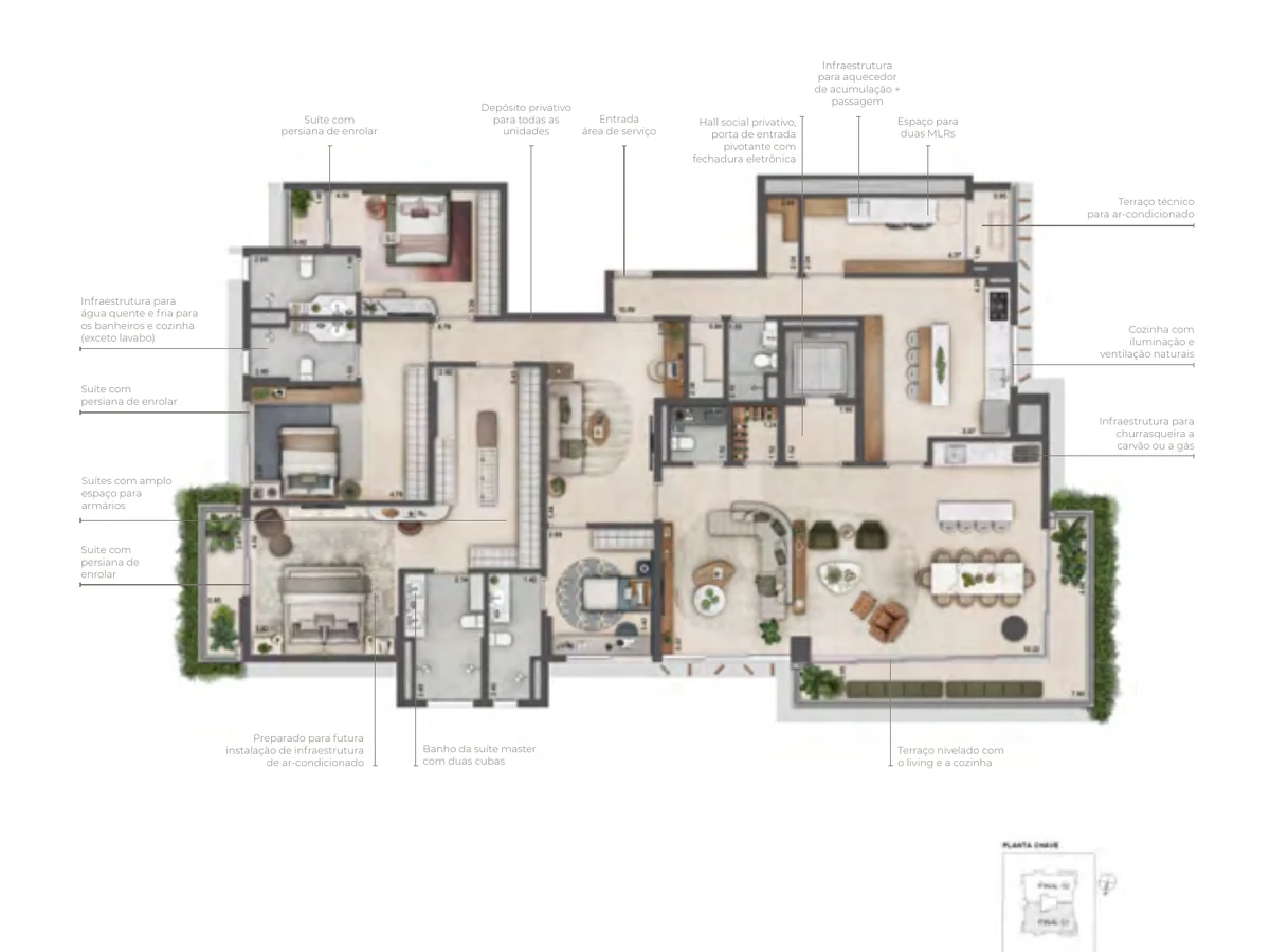 Planta do apartamento de 273 m² com 4 suítes do Authoria por Dubai