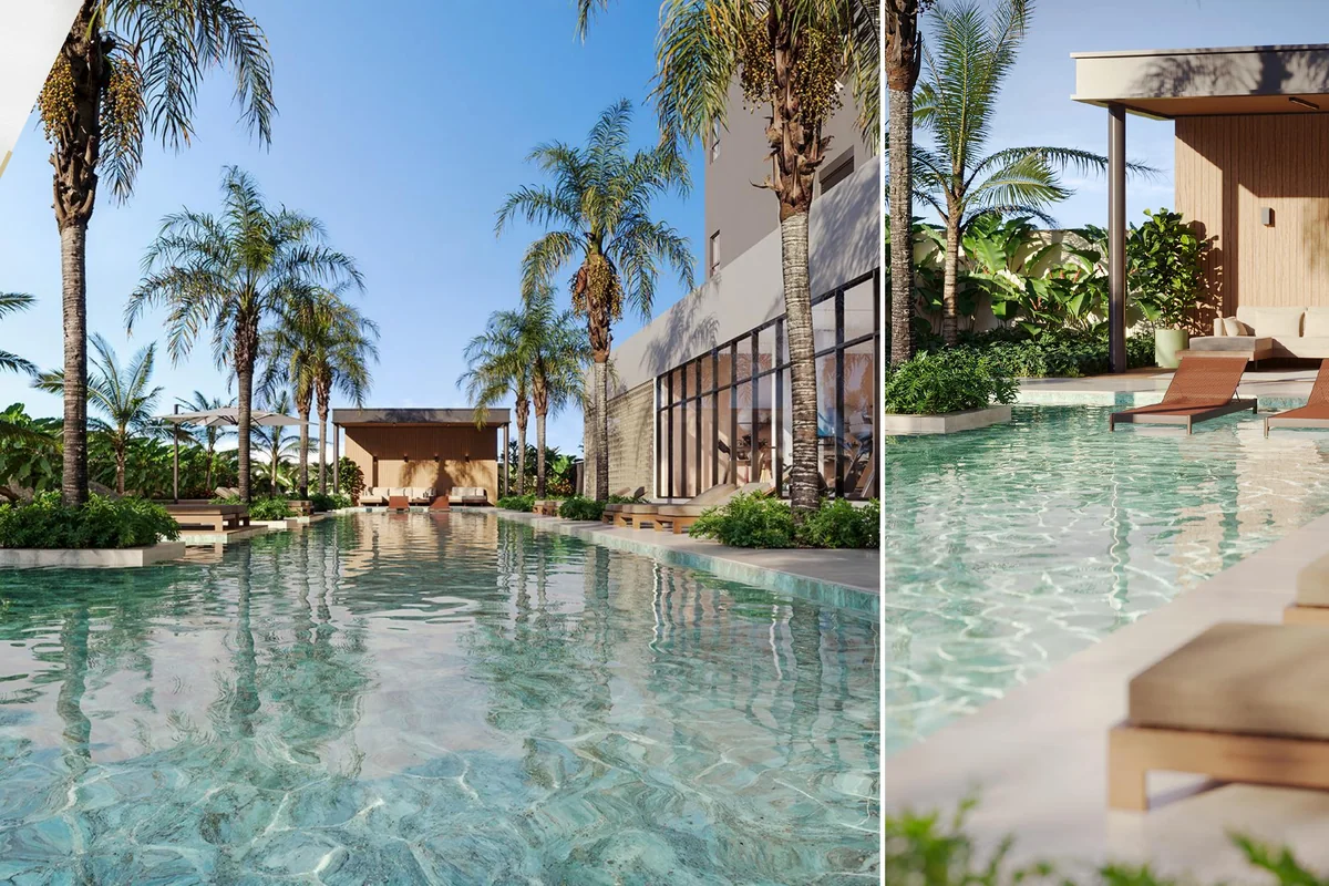 Piscina externa com deck molhado do Bosque Alphagran