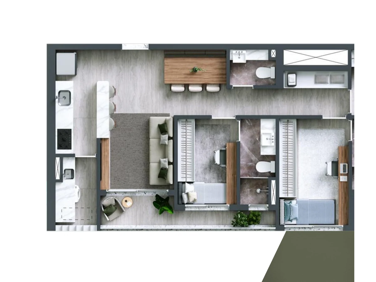 Planta do apartamento de 95 m² com 3 suítes do Bosque Alphagran