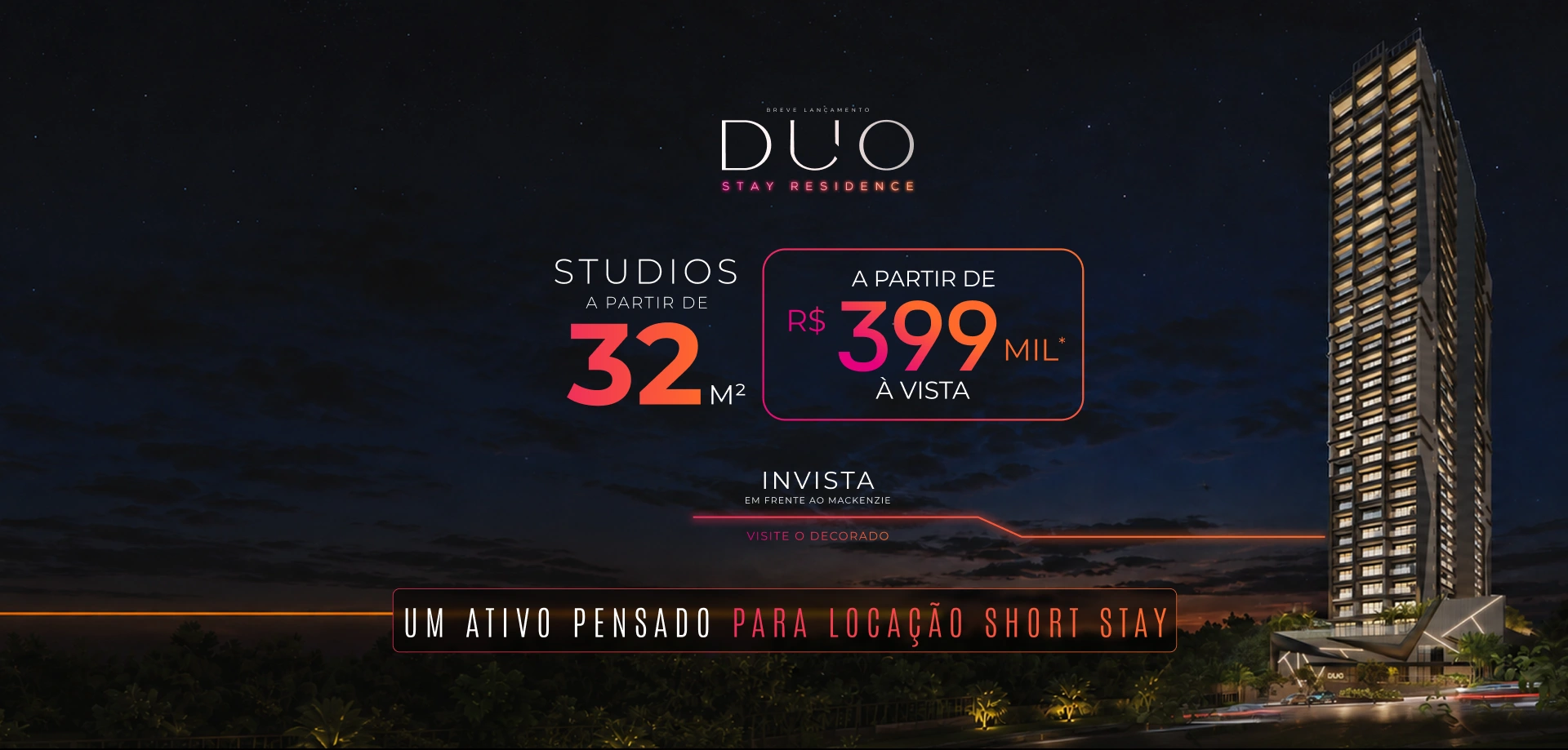 Perspectiva do Duo Stay Residence, lançamento RSF na Av. Mackenzie em Alphaville, Barueri