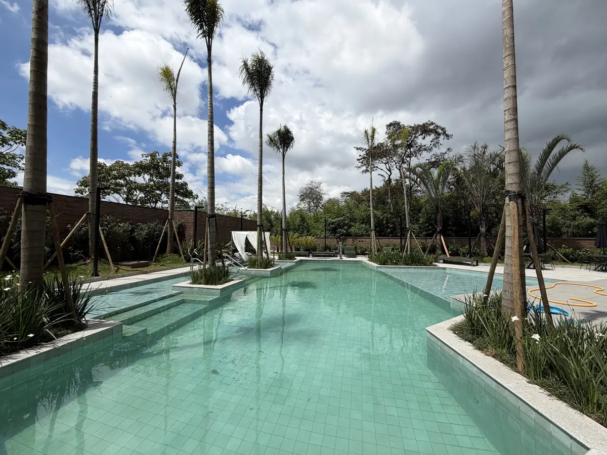 Piscina descoberta do Florà Alphaville de formato recortado, com revestimento verde-claro, degraus de entrada, jardineiras com palmeiras, cama de descanso com cortinas brancas e mata ao fundo
