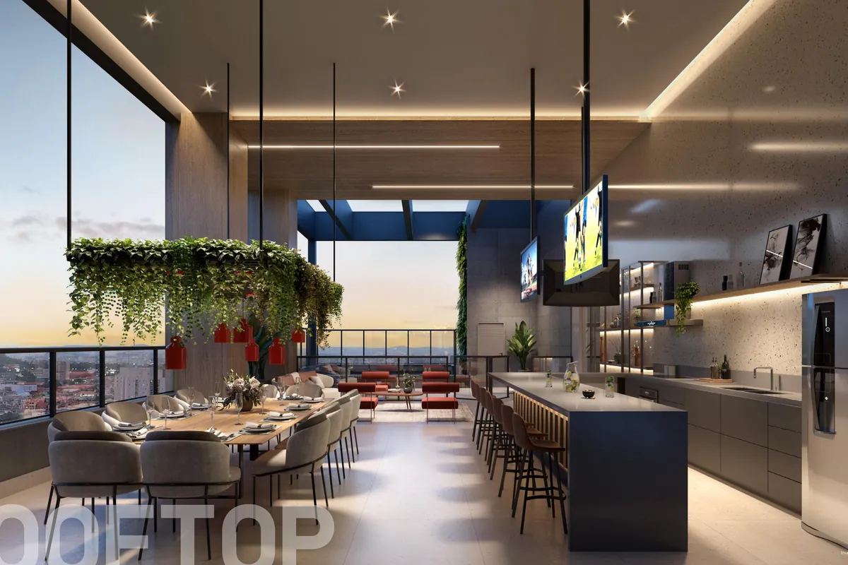 Espaço gourmet com piscina no rooftop do Gran Alphaville