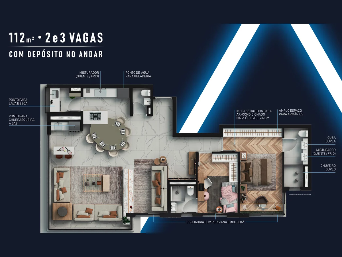 Planta de 112,70 m² com 2 suítes e living ampliado do Gran Alphaville