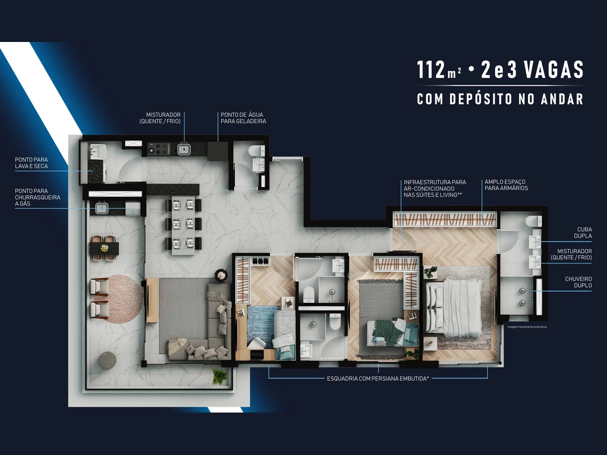 Planta de 112,70 m² com 3 suítes e depósito no andar do Gran Alphaville
