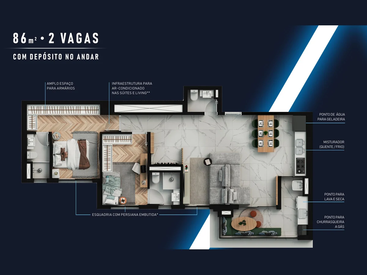 Planta de 86,97 m² com 2 suítes e living ampliado do Gran Alphaville