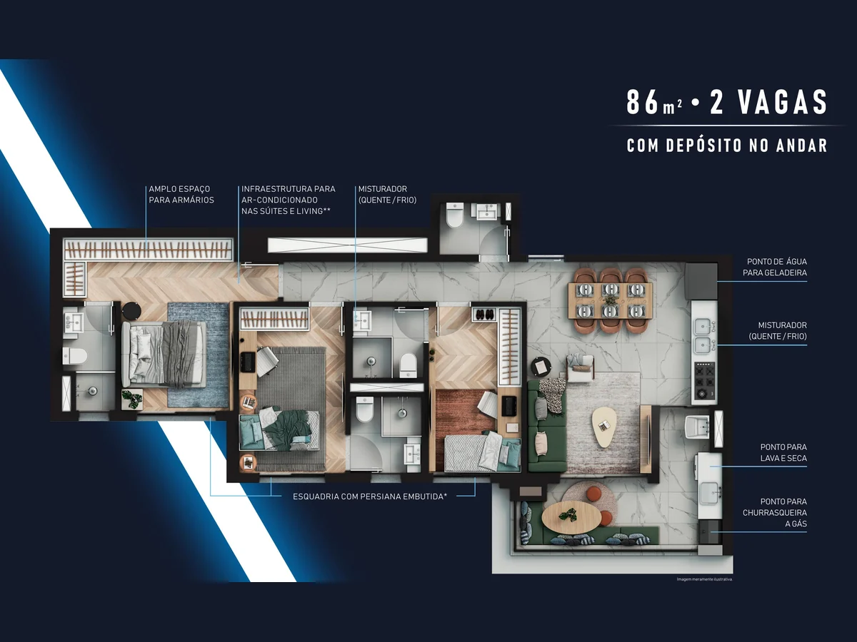 Planta de 86,97 m² com 3 suítes e depósito no andar do Gran Alphaville