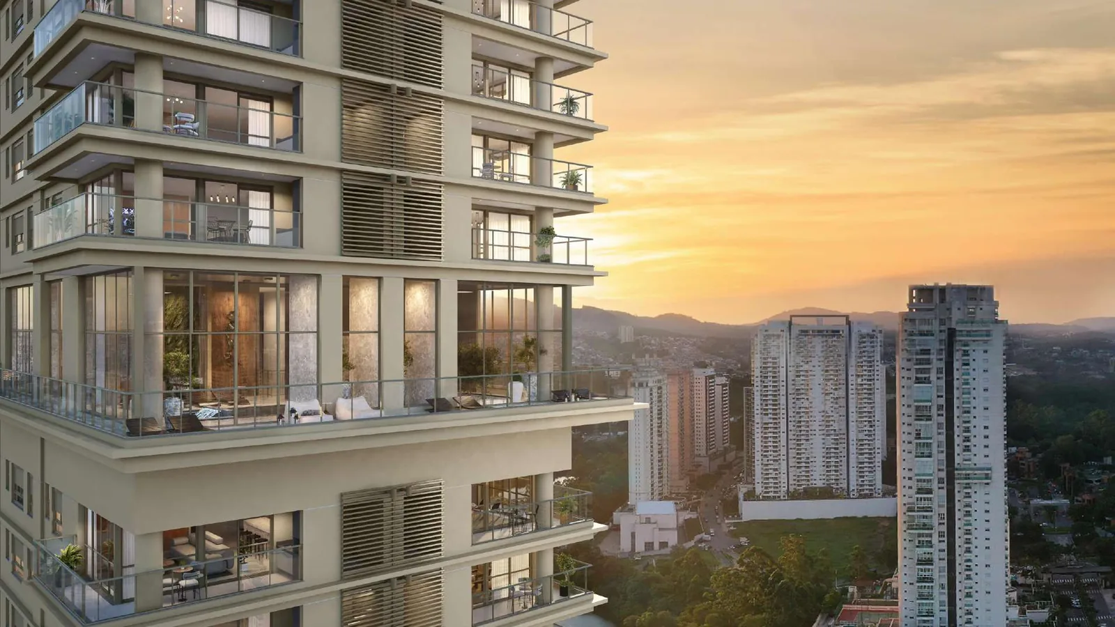 Perspectiva do Kaá Home Boutique, torre da CNA Spitaletti imersa no verde da Alphagran, em Alphaville