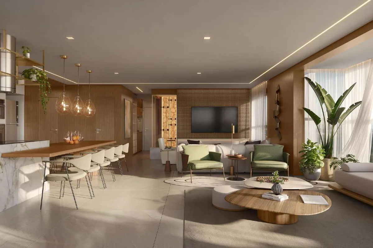 Living do apartamento de 130 m² do Kaá Home Boutique, aberto para o terraço gourmet