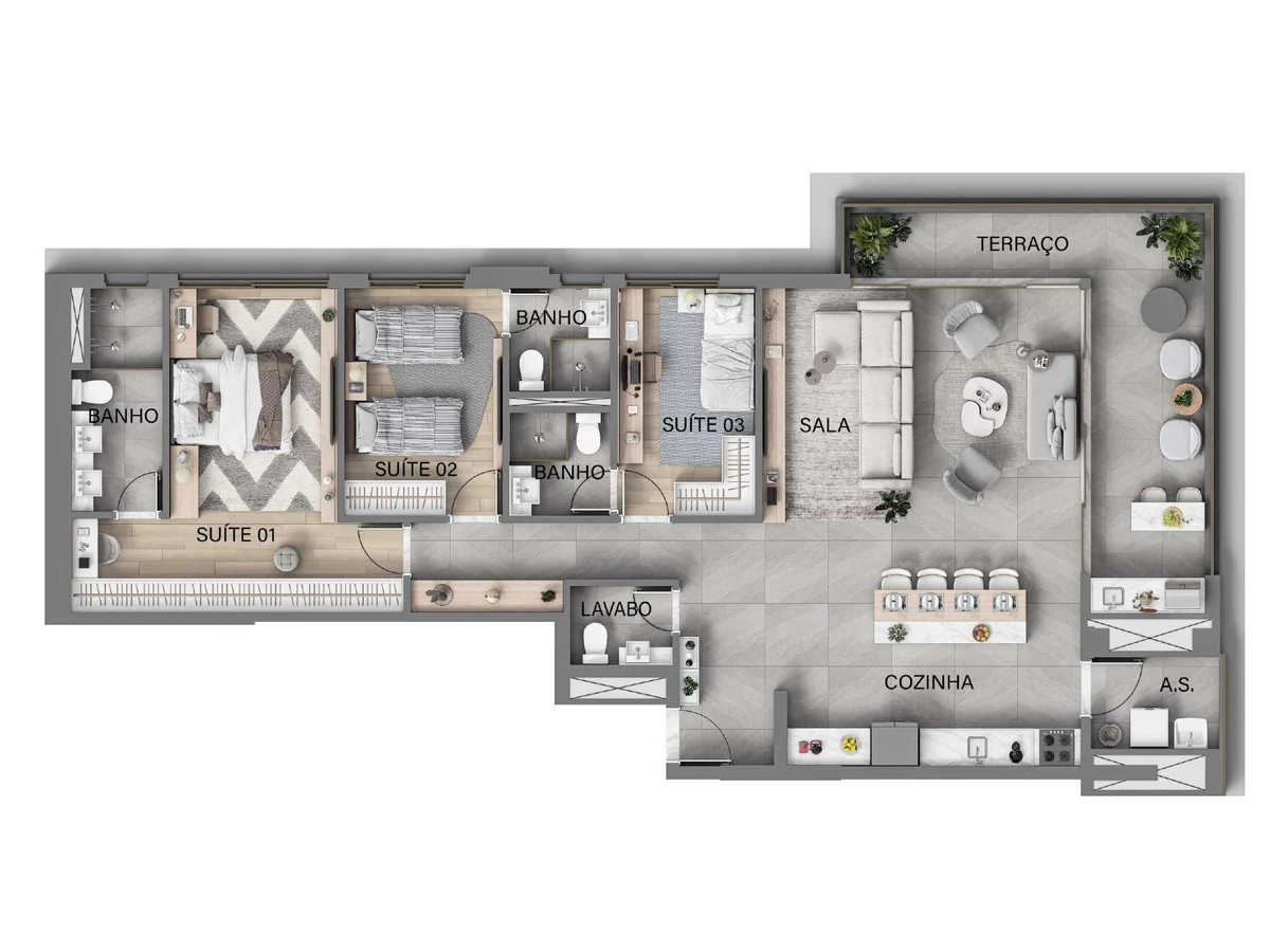 Planta-tipo de 130,30 m² com 3 suítes do Kaá Home Boutique