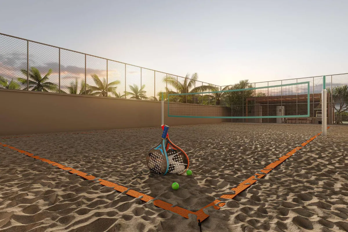 Quadra de beach tennis do Oásis Home Resort, em areia