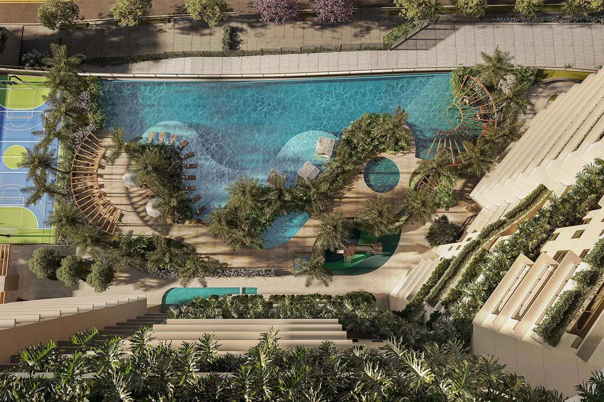 Vista aérea do lazer do Oásis Home Resort, com a piscina de raia de 50 metros e os espelhos d'água