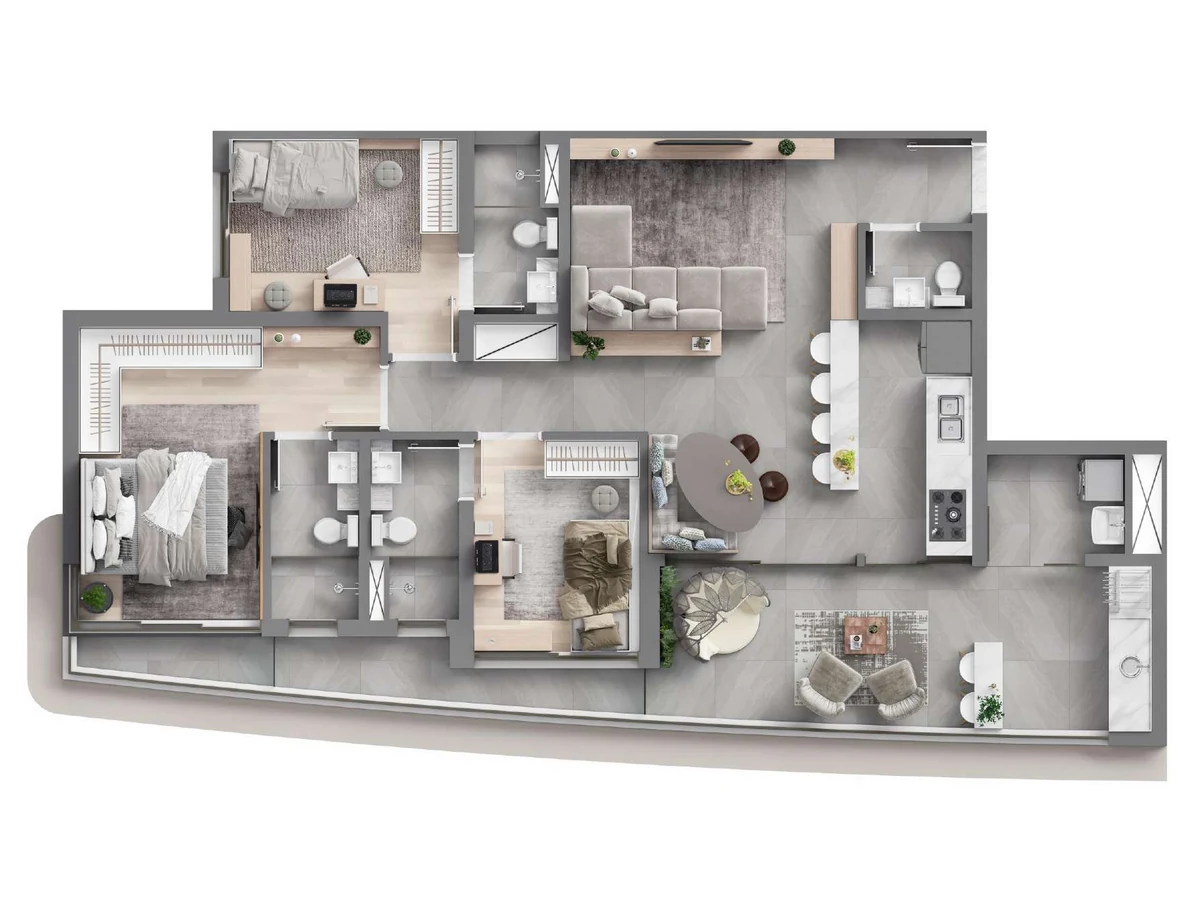 Planta do apartamento de 114,67 m² com 3 suítes do Oásis Home Resort