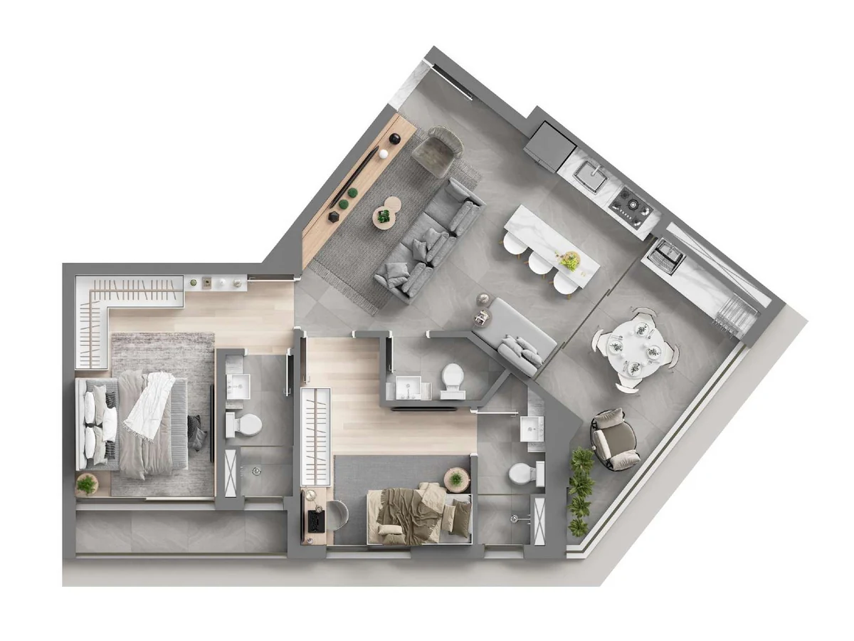 Planta do apartamento de 74,57 m² com 2 suítes do Oásis Home Resort