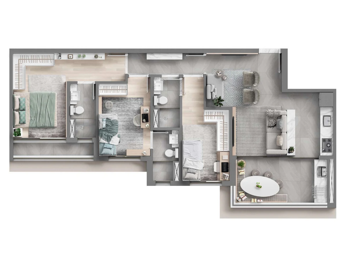 Planta do apartamento de 90,52 m² com 3 suítes do Oásis Home Resort