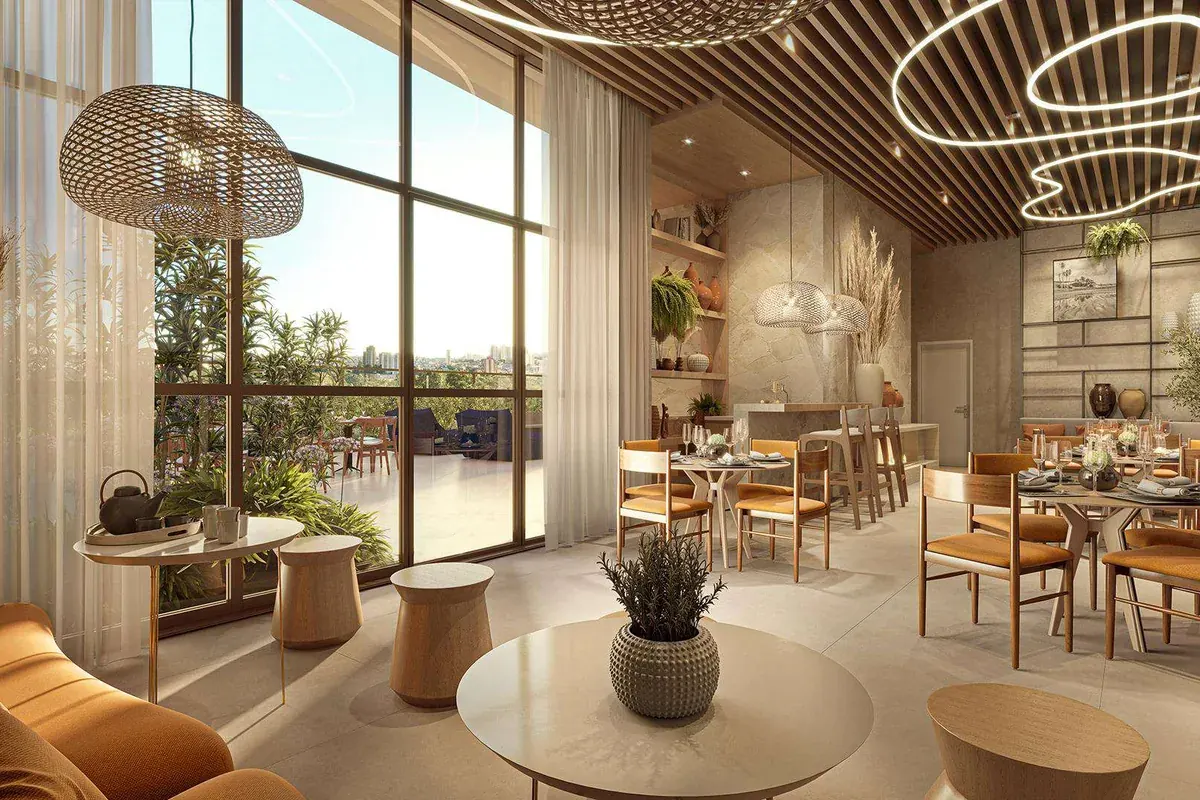 Salão de festas do Oásis Home Resort, com decoração de LCVC Arquitetos