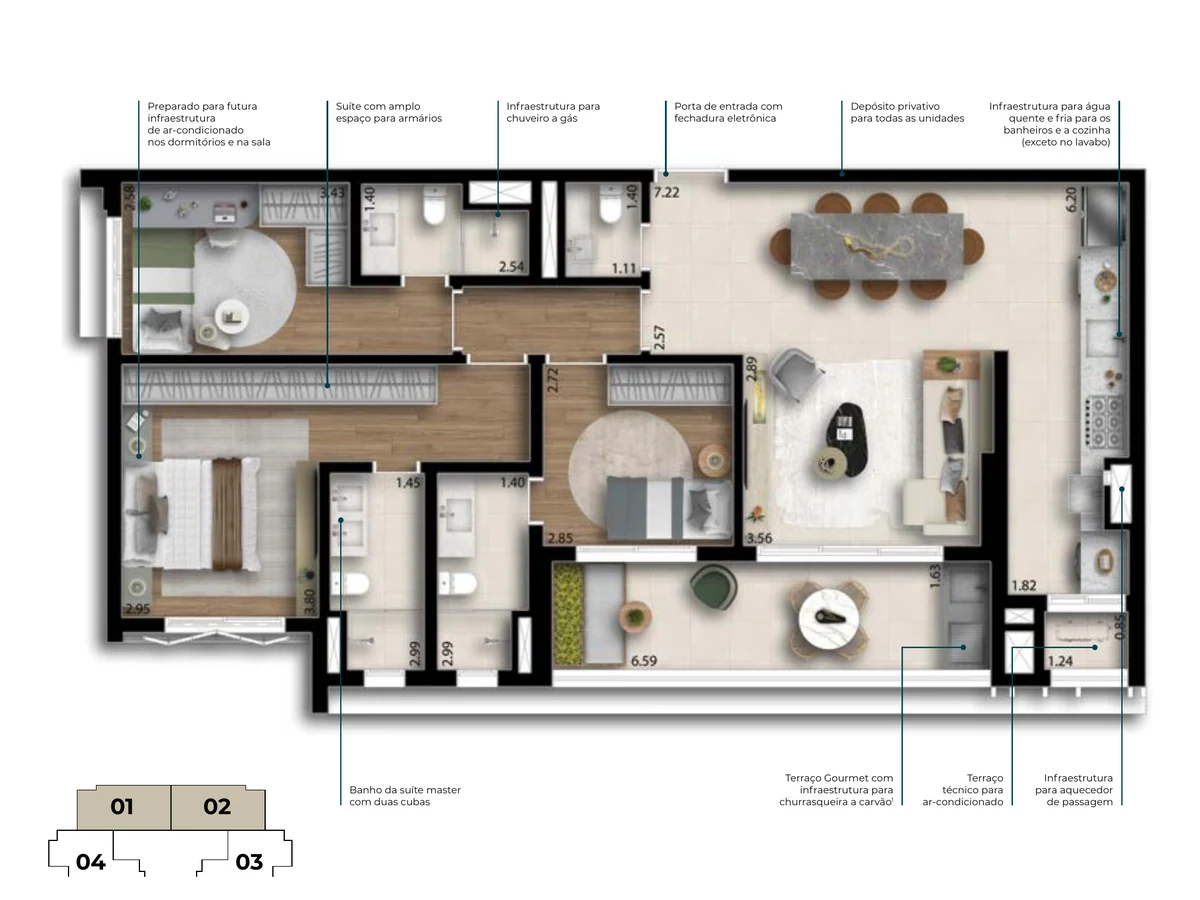 Planta do apartamento de 119 m² com 3 suítes do Open View 47