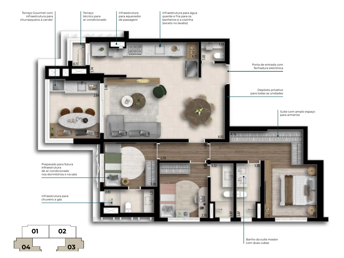 Planta do apartamento de 120 m² com 3 suítes do Open View 47