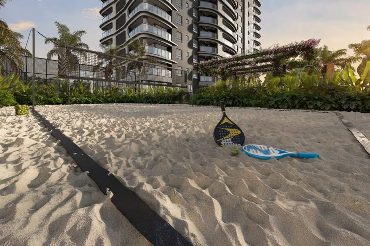 Quadra de beach tennis do Square Design Residence, em areia