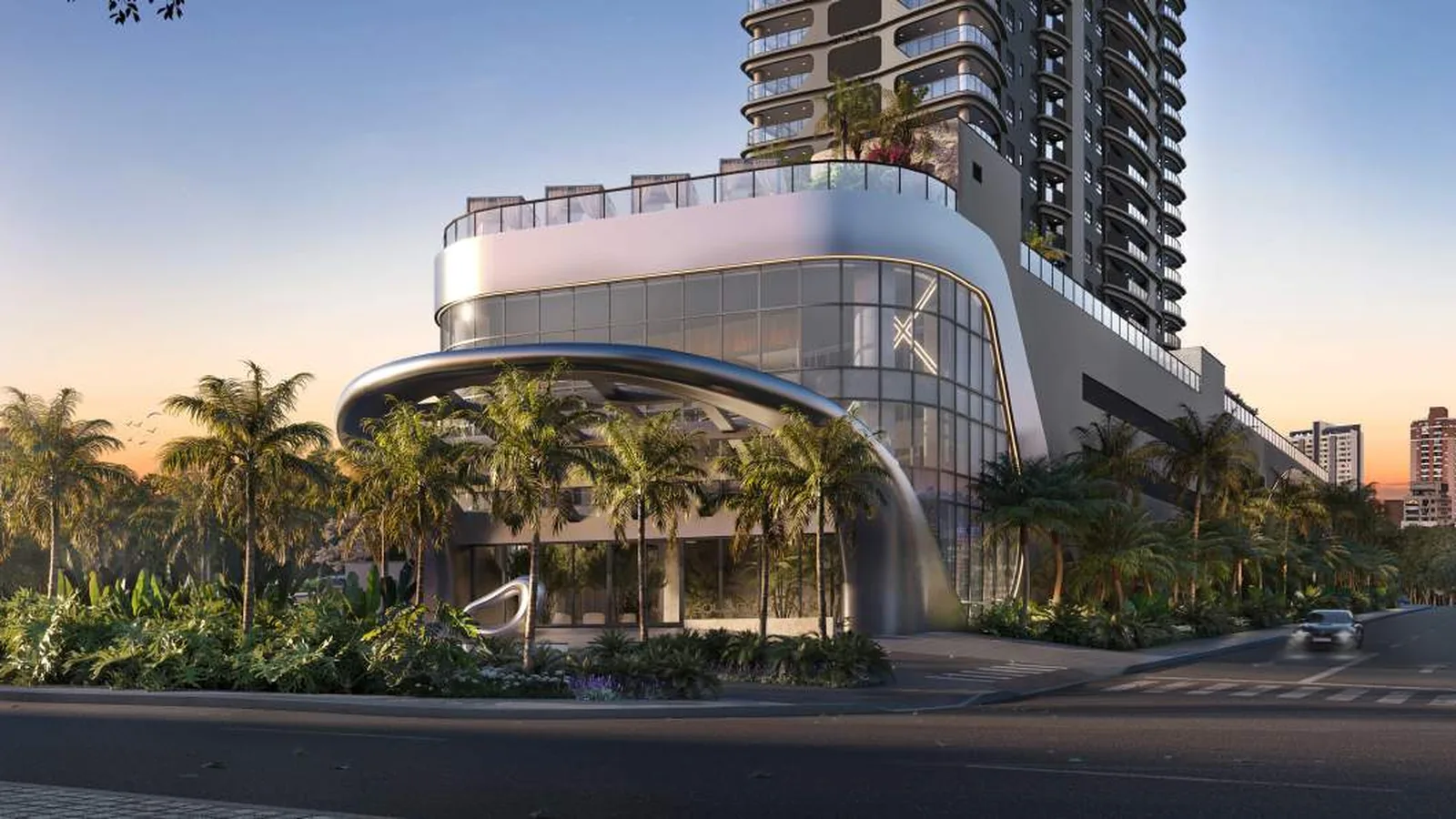 Fachada do Square Design Residence, torre de 40 pavimentos da RSF Empreendimentos no 18 do Forte, Alphaville