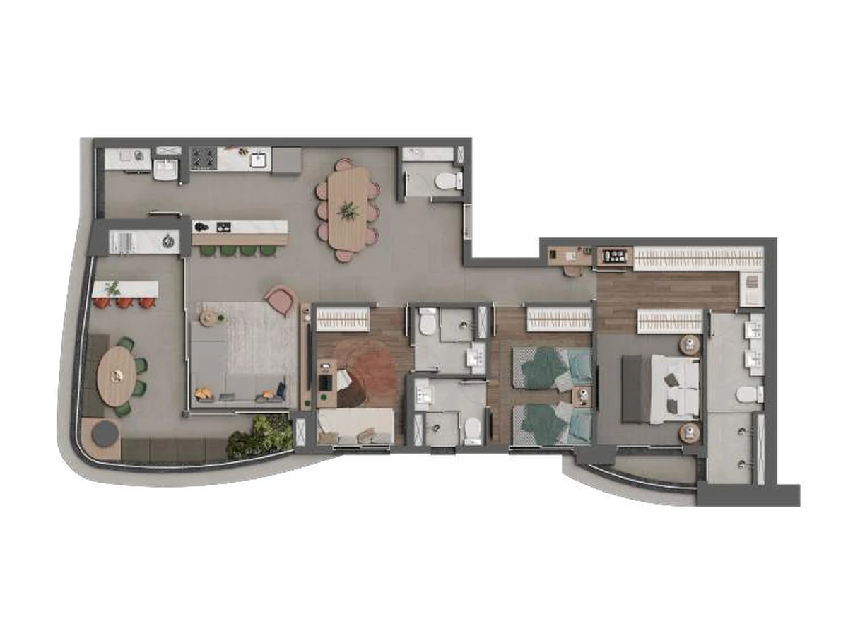 Planta do apartamento de 118 m² com 3 suítes do Square Design Residence