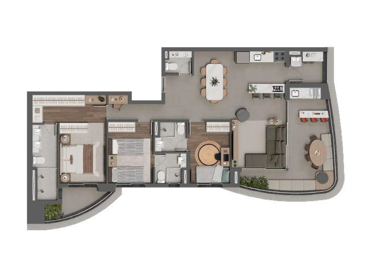 Planta do apartamento de 121 m² com 3 suítes do Square Design Residence