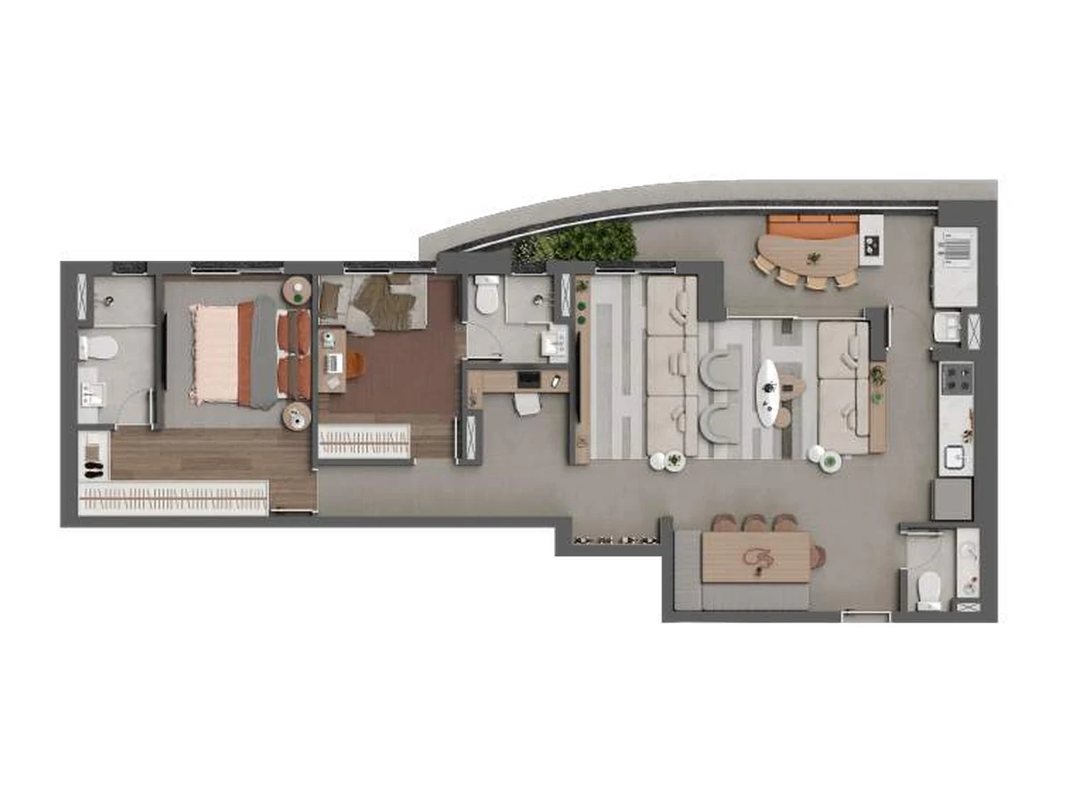 Planta do apartamento de 94 m² na opção de sala ampliada do Square Design Residence