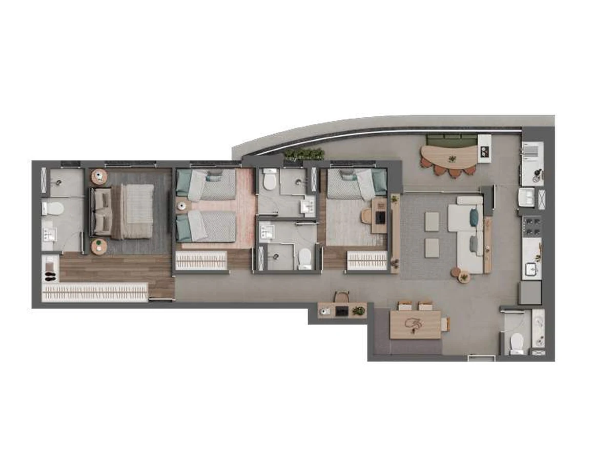 Planta do apartamento de 94 m² com 3 suítes do Square Design Residence