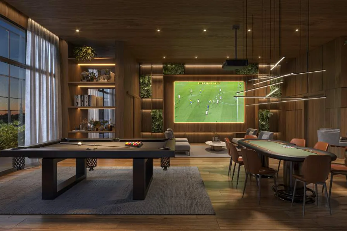 Sports bar do Square Design Residence, com mesa de sinuca e telão