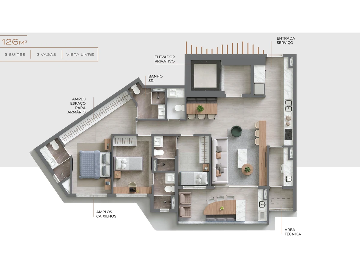 Planta do apartamento de 126 m² com 3 suítes do Vista Alphagran