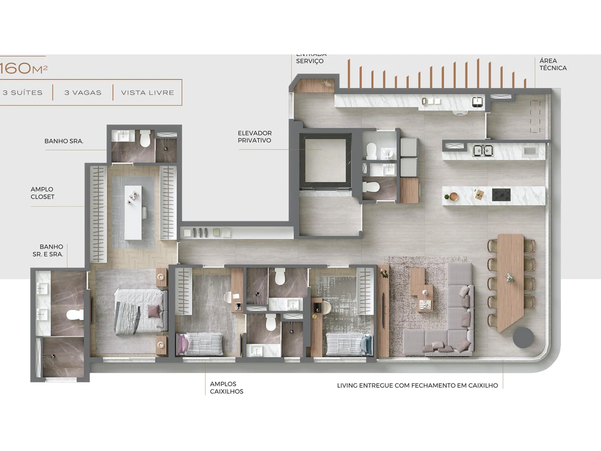 Planta do apartamento de 160 m² com 3 suítes do Vista Alphagran