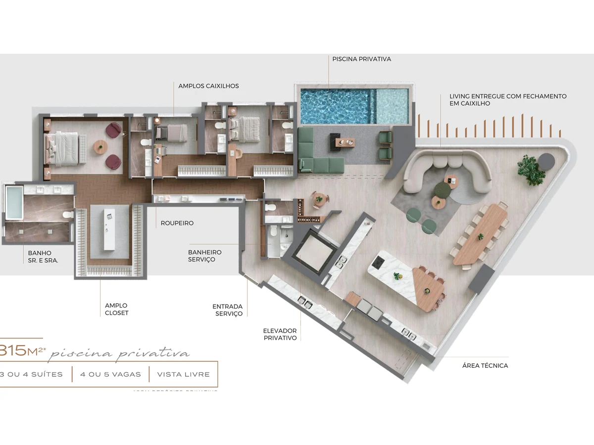 Planta do penthouse de 315 m² com piscina privativa do Vista Alphagran
